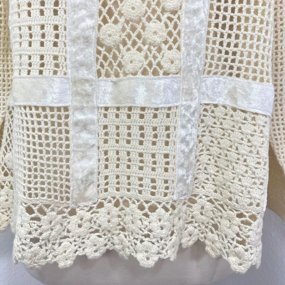 Otto Ivory Crochet Velvet Patchwork Top Large Long Sleeves Romantic Boho Whimsy